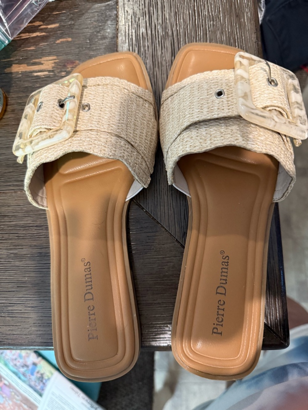 Pierre Dumas Natural Raffia Slide Sandals with Buckle